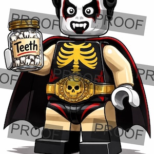 Könnte beinhalten: Eine Kunststoff-Spielfigur mit schwarzen Haaren, weißer Gesichtsbemalung und Vampirzähnen, bekleidet mit einem schwarzen Umhang und einem schwarzen Outfit mit gelbem Rippenkäfig-Motiv und einem goldenen Totenkopfgürtel. Sie hält ein Glas mit Zähnen.