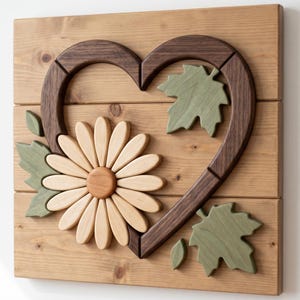 Daisy Heart Intarsia Wood Pattern | Scroll Saw Wall Art Plan (PDF Download)