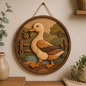 May include: A round wooden wall hanging featuring a carved duck with a flower in its beak, set against a landscape with a fence, water, and trees. The duck has light brown and tan feathers. The frame is a darker wood tone.