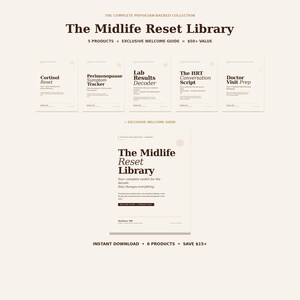 May include: A promotional image for "The Midlife Reset Library," a collection of 6 products. The image features a cream-colored background with text and product mockups. The products include guides for Cortisol Reset, Perimenopause, Lab Results, and Doctor Visit Prep.