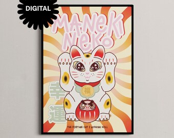 Maneki Neko Japanese Cat Print, Retro Pop Art Fortune Cat Poster, Digital Download