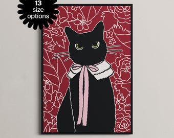 Black Cat Floral Illustration Print, Whimsical Wall Art, Matte Paper Poster, Home Decor, PRINT