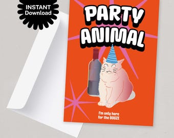 Funny Cat Birthday Card, Party Animal Design, Cat Lover Gift (Digital Download)