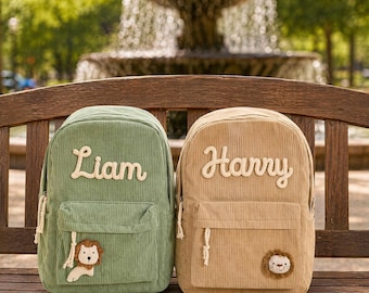 Op maat gemaakte corduroy rugzak met geborduurde naam, schattige uniseks kleuterschooltas, perfect cadeau voor terug naar school voor jongens en meisjes