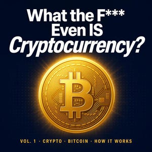 May include: Image features a gold Bitcoin coin with a glowing effect against a dark blue background. The text "What the F*** Even IS Cryptocurrency?" is displayed above the coin. Below the coin, the text reads "VOL. 1 • CRYPTO • BITCOIN • HOW IT WORKS."
