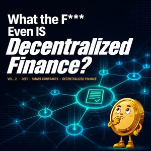 May include: A digital graphic with the text "What the F*** Even IS Decentralized Finance?" and "VOL. 2 • DEFI • SMART CONTRACTS • DECENTRALIZED FINANCE." A cartoon coin character is thinking. The background is a network of blue lines and circles.