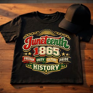 Peut inclure: T-shirt noir avec un graphisme coloré de la fête de Juneteenth. Le motif comprend les mots "Juneteenth 1865", "Liberté, Unité, Culture, Fierté, Histoire" et une casquette de baseball noire.