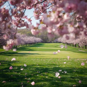 以下が含まれることがあります： ピンク色の花びらを持つ満開の桜並木に囲まれたゴルフコースのフェアウェイとグリーン。手前の緑の芝生にはピンクの花びらが散らばっており、晴れた青空の下、遠くの風景へと続いています。