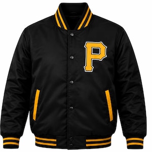 May include: A black varsity jacket featuring a large yellow letter P on the left chest. The jacket has a snap-button front closure, two side pockets with yellow trim, and ribbed cuffs and collar with yellow stripes on a black background.