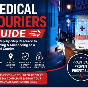 May include: A digital guide titled Medical Couriers Guide featuring text about launching a business, step-by-step startup instructions, route logistics, compliance, safety, and pricing strategies, with a background image of an ambulance.