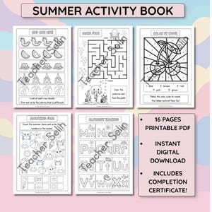 Op de afbeelding: Een zomeractiviteitenboek als printbare PDF met 16 pagina's aan zwart-wit werkbladen, waaronder zoek de verschillen, doolhoven, kleur op code met kersen, tellen en het alfabet overtrekken. Inclusief een voltooiingscertificaat voor kinderen.