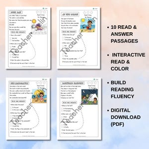 Könnte beinhalten: Vier pädagogische Arbeitsblätter zum Leseverständnis mit den Titeln Pool Day, At The Beach, The Sandcastle und Backyard Camping. Jede Seite enthält eine kurze Geschichte, eine farbige Illustration und Multiple-Choice-Fragen zur Leseflüssigkeit.
