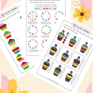 May include: Printable PDF with color coding activities. The worksheets feature colorful stars, shapes, and potion bottles. The text includes "COLOR CODING" and instructions for matching colors and numbers. The PDF contains 10 pages.