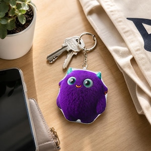 Portachiavi a forma di mostro viola peloso in peluche / Ciondolo per borsa a forma di creatura in poliestere a doppia faccia / Regalo /