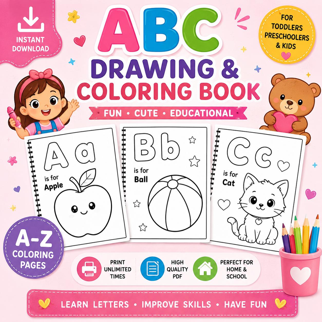 ABC Drawing Book for Kids | Printable Alphabet Coloring Pages (PDF ...