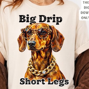 May include: A beige t-shirt featuring a graphic of a brown dachshund wearing leopard-print glasses and a gold chain necklace. The text "Big Drip" appears above the dog and "Short Legs" below. A box in the corner reads "THIS IS A DIGITAL DOWNLOAD ONLY PNG."