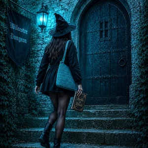 May include: A person wearing a black dress, a pointed hat, and black boots, carrying a blue crocheted shoulder bag and a book titled Spells & Rituals. They stand before a dark wooden door labeled Wilcestre Dungeon, illuminated by a blue wall lantern.