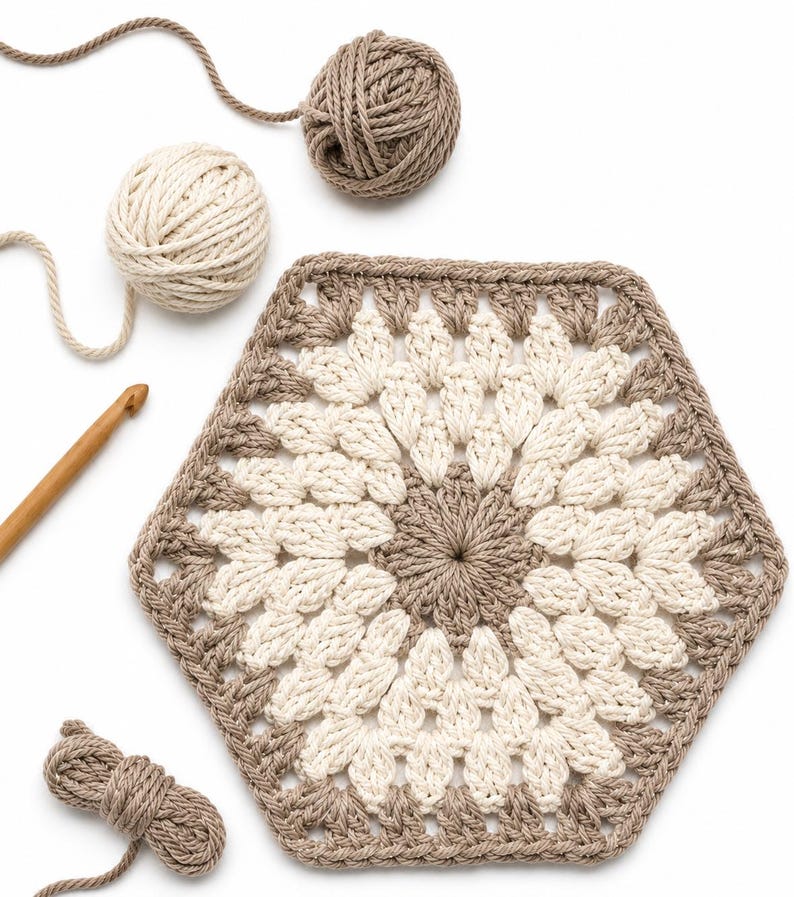 Hexagon Crochet Pattern Geometric Granny Square Design Beginner Friendly Tutorial Flower Center Openwork Lace Motif Digital Download Instant Access Easy Instructions Blanket Afghan Project Modular Design Six Sided Square Pattern Vintage