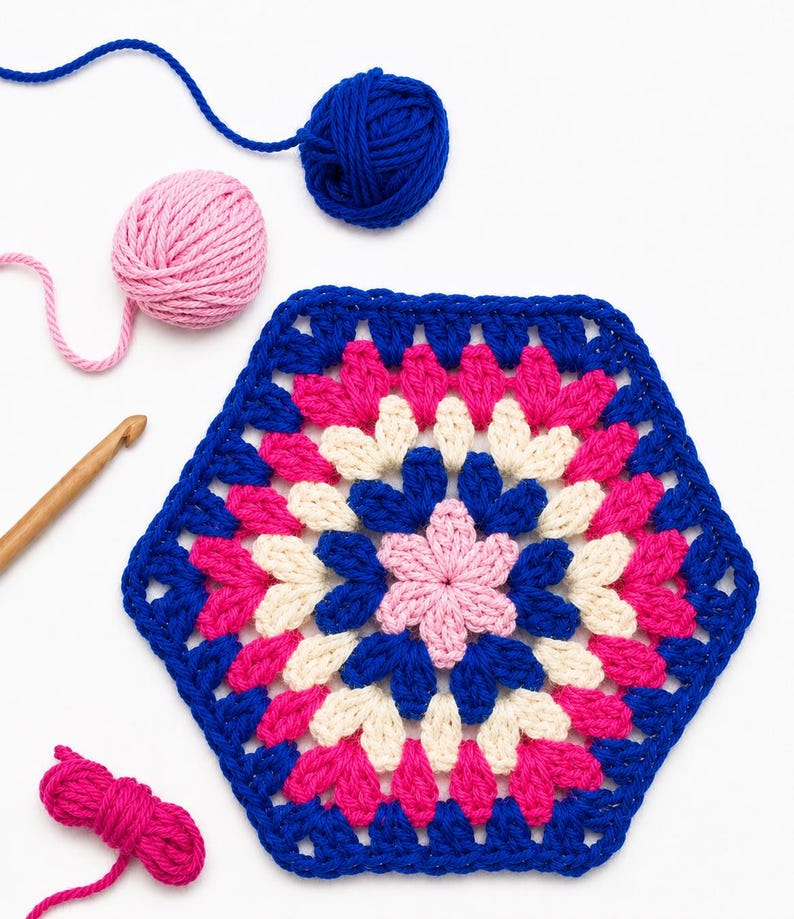 Hexagon Crochet Pattern Geometric Granny Square Design Beginner Friendly Tutorial Flower Center Openwork Lace Motif Digital Download Instant Access Easy Instructions Blanket Afghan Project Modular Design Six Sided Square Pattern Vintage
