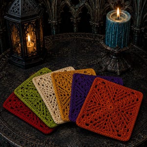 May include: A set of five square crochet coasters in a fan-like arrangement. The coasters feature an intricate, openwork geometric pattern and are colored in deep red, olive green, cream, mustard yellow, and purple, with a final orange coaster.