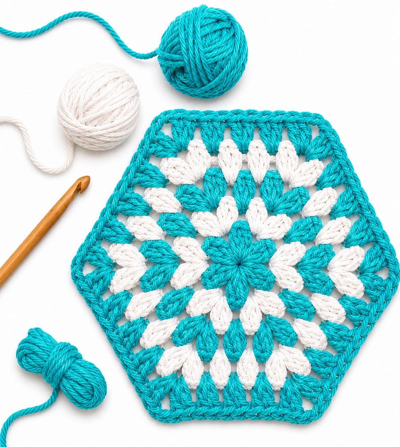 Hexagon Crochet Pattern Geometric Granny Square Design Beginner Friendly Tutorial Flower Center Openwork Lace Motif Digital Download Instant Access Easy Instructions Blanket Afghan Project Modular Design Six Sided Square Pattern Vintage