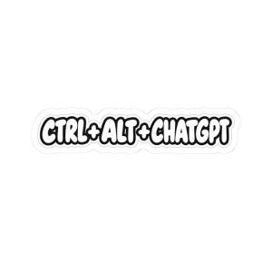 May include: A white sticker featuring the black text CTRL+ALT+CHATGPT in a bold, rounded, bubble-style font. The design includes a thin white border around the lettering, creating a clean, high-contrast graphic suitable for various surfaces.