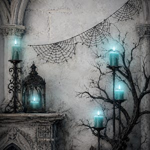 May include: A collection of teal candles with glowing flames, including one in a black metal lantern and others on ornate black metal stands. A black decorative spiderweb garland hangs above, with bare, dark, twisted branches framing the scene.