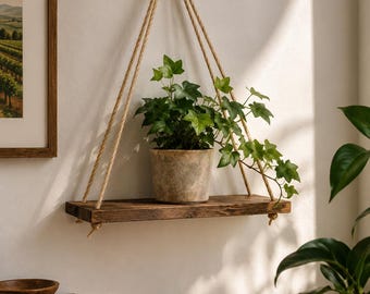 Boho Hanging Wall Shelf – Wooden Rope Floating Shelf for Plants, Rustic Wall Decor, Macrame Style Storage Shelf, Farmhouse Home Decor