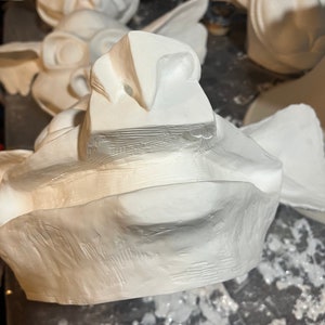 May include: A collection of unfinished, white plaster gargoyle sculptures. The sculptures feature detailed facial features, including prominent noses, open mouths, and textured surfaces. The gargoyles are in various stages of completion, suggesting a workshop or studio setting.