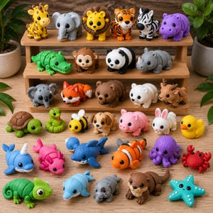 Peut inclure: Une collection de figurines d'animaux color&eacute;es, dont une girafe, un &eacute;l&eacute;phant, un lion, un tigre, un z&egrave;bre, un hippopotame, un crocodile, un singe, un panda, un rhinoc&eacute;ros, un koala, un renard, un ours, un ours polaire, un cerf, une tortue, un serpent, une abeille, un chien, un cochon, un lapin, un canard, un narval, un l&eacute;zard, un requin, un poisson clown, une pieuvre, un crabe, un dauphin, un phoque, une loutre et une &eacute;toile de mer.