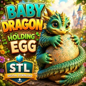 May include: A digital illustration of a green baby dragon with yellow spikes holding a speckled egg. The text reads BABY DRAGON HOLDING EGG and STL DIGITAL DOWNLOAD. The background features a castle, flowers, and trees in a fantasy setting.