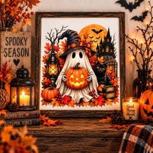 May include: A framed wall art print featuring a ghost wearing a witch hat and holding a glowing jack-o'-lantern, surrounded by autumn leaves, a lantern, a black cat, and a haunted house silhouette against a large orange moon background.