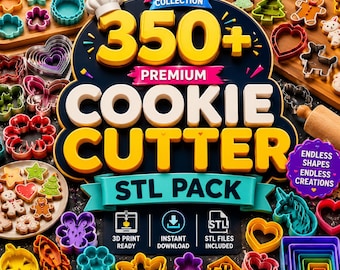 Könnte beinhalten: Eine digitale Sammlung von über 350 Premium-Ausstechformen-STL-Dateien für den 3D-Druck. Die Grafik zeigt kräftige gelbe und weiße Schrift auf dunklem Hintergrund, umgeben von verschiedenen bunten Ausstechformen aus Kunststoff in diversen Formen.