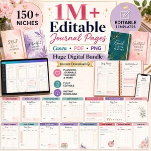Könnte beinhalten: Ein digitales Paket mit über 1 Million bearbeitbaren Journal-Seiten, Planern und Trackern. Enthält Canva-, PDF- und PNG-Dateien mit verschiedenen Vorlagen wie Tagesplanern, Gewohnheits-Trackern und Dankbarkeits-Journalen auf Laptop und Papier.