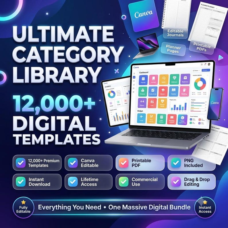 May include: A digital product bundle titled Ultimate Category Library 12,000+ Digital Templates featuring a laptop, tablet, and smartphone displaying colorful dashboard interfaces, alongside printable journal and planner page icons on a blue background.