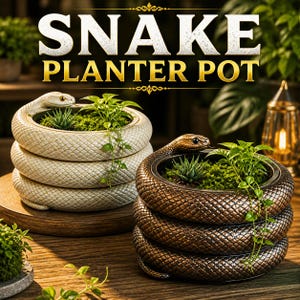 May include: Two snake-shaped planter pots, one cream-colored and one bronze, each holding small plants. The pots are coiled like snakes, with the text "SNAKE PLANTER POT" above them. The planters are on a wooden surface.