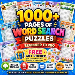 May include: A collection of word search puzzle pages featuring themes like animals, food, travel, sports, nature, and holidays. The central text reads 1000+ PAGES OF WORD SEARCH PUZZLES BEGINNER TO PRO, with a graphic of a gift and a sheet of stickers.