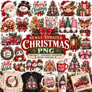 May include: A digital collection of Christmas-themed graphics featuring Santa Claus, snowmen, a highland cow, a puppy, a reindeer, gingerbread cookies, hot cocoa, gnomes, a red truck, wreaths, gifts, and text reading Newly Updated Christmas PNG.