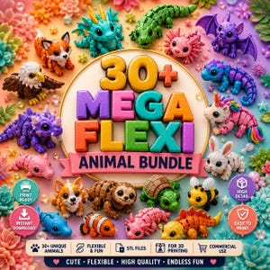 Lot de plus de 30 animaux flexibles au format STL | Pack de jouets animaux articulés | Créatures flexibles à imprimer en 3D | Fichiers STL prêts à imprimer | Téléchargement numérique image 2