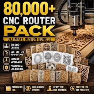 Puede incluir: Un anuncio de un paquete de enrutador CNC con el texto "80,000+ CNC ROUTER PACK ULTIMATE DESIGN BUNDLE". La imagen muestra varios diseños de madera, un enrutador CNC e iconos para formatos de diseño y uso comercial.