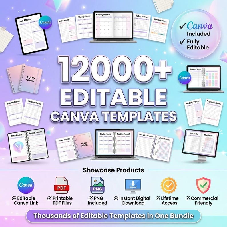 May include: A digital collection of 12000+ editable Canva templates featuring various planners, journals, and trackers displayed on screens and as printed pages. The bundle includes editable Canva links, printable PDF files, and PNG files.