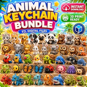 Lot de porte-clés animaux, porte-clés animaux imprimables en 3D, fichiers STL porte-clés mignons, téléchargement numérique, modèles 3D prêts à imprimer