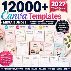 Può includere: Un pacchetto di prodotti digitali con oltre 12000 modelli Canva per il 2027, inclusi planner, diari, quaderni di esercizi e tracker. L'immagine mostra vari layout di pagina con titoli come Daily Planner, Budget Planner e Vision Board Workbook.