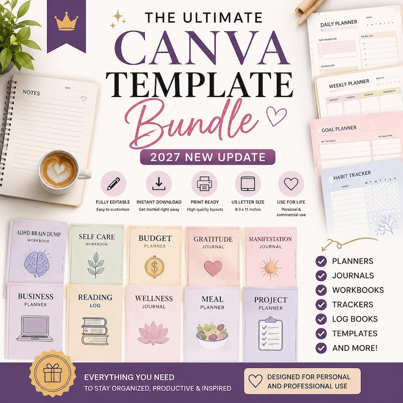 May include: A digital Canva template bundle for 2027 featuring planners, journals, workbooks, and trackers. Includes a spiral notebook, a coffee cup, and various page layouts with US letter size 8.5 x 11 inches text. Pastel-colored covers display titles like Budget Planner, Meal Planner, and Wellness Journal.