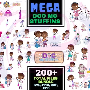 Può includere: Un pacchetto digitale con illustrazioni dei personaggi di Doc McStuffins e oggetti a tema medico. L'immagine include il testo "MEGA DOC MC STUFFINS" e "200+ TOTAL FILES BUNDLE SVG, PNG, DXF, EPS". Le illustrazioni sono in vari colori.