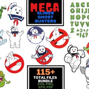 Puede incluir: Una colección de gráficos de dibujos animados con personajes y elementos de Ghostbusters. Incluye el hombre de malvavisco Stay Puft, Slimer y el logotipo de Ghostbusters. También incluye un alfabeto de limo verde y el texto "MEGA SLIMER GHOST BUSTERS".