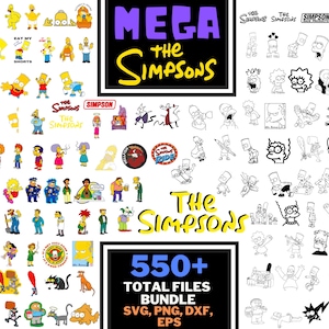 Könnte beinhalten: Eine Sammlung digitaler Dateien zum Thema Die Simpsons, einschließlich verschiedener Charaktere und Logos. Das Bild zeigt den Text "MEGA The Simpsons" und "550+ TOTAL FILES BUNDLE SVG, PNG, DXF, EPS". Die Dateien sind in Farbe und Schwarzweiß.