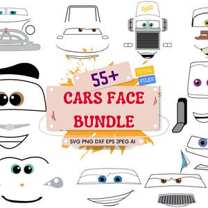 Könnte beinhalten: Eine Sammlung von Autogesichtsdesigns in verschiedenen Stilen, darunter Augen, Kühlergrills und Münder. Das Bild zeigt den Text "55+ CARS FACE BUNDLE" und Dateitypinformationen. Die Designs sind in Schwarz, Weiß und Grau.