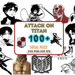 May include: A collection of black and white illustrations featuring characters and symbols from the anime series "Attack on Titan." The central image includes the show's title, the number "100+", and file type information.