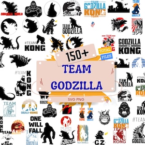 以下が含まれることがあります： ゴジラとキングコングの黒いシルエットや様式化されたイラストを特徴とする150以上のデジタルグラフィックファイルのコレクション。中央のバナーには、ピーチ色の背景に青と黒で「150+ TEAM GODZILLA SVG PNG」というテキストが表示されています。